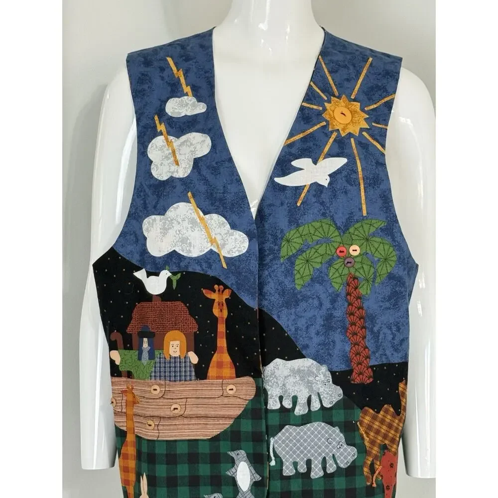 Vintage 90s Handmade Noah’s Ark Patchwork Reversible Vest Women’s Size L Boho - Picture 2 of 11